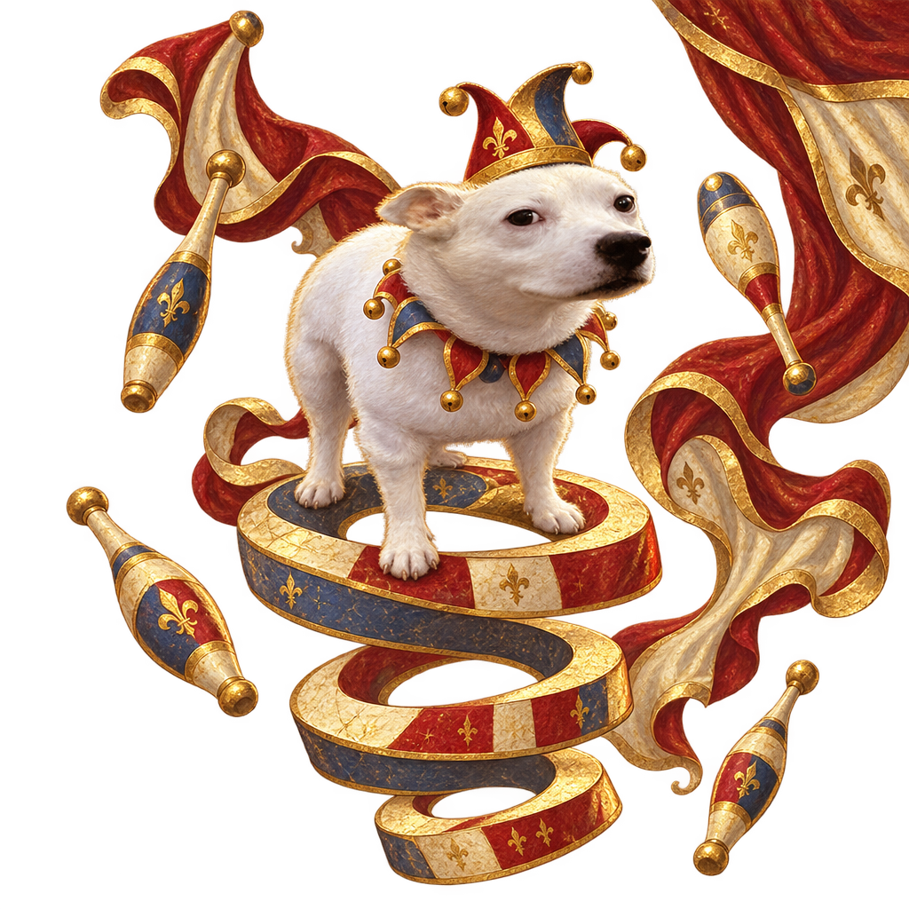 WTF Dog balanced on a heraldic ribbon, dressed as a jester