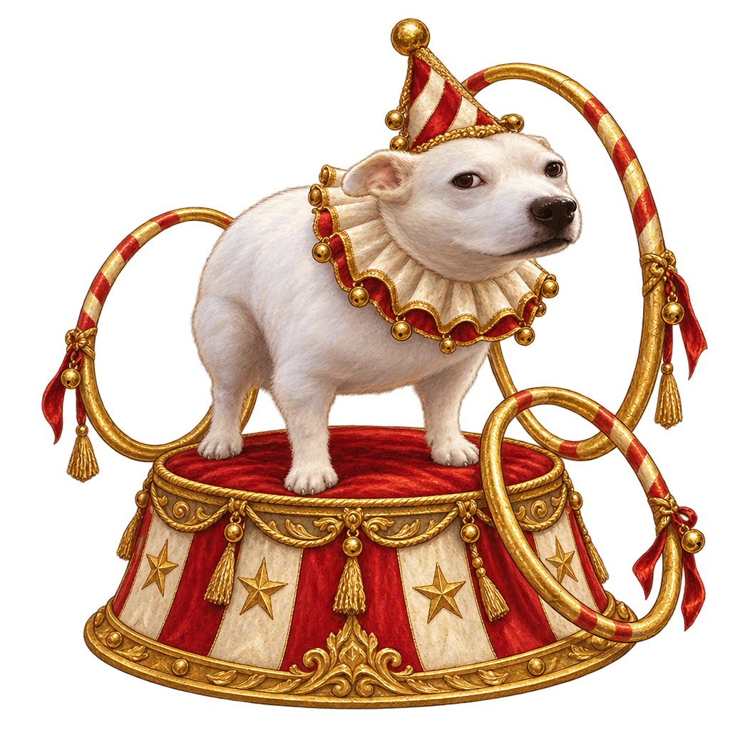 WTF Dog costumed as a ringmaster on a drum, framed by hoops